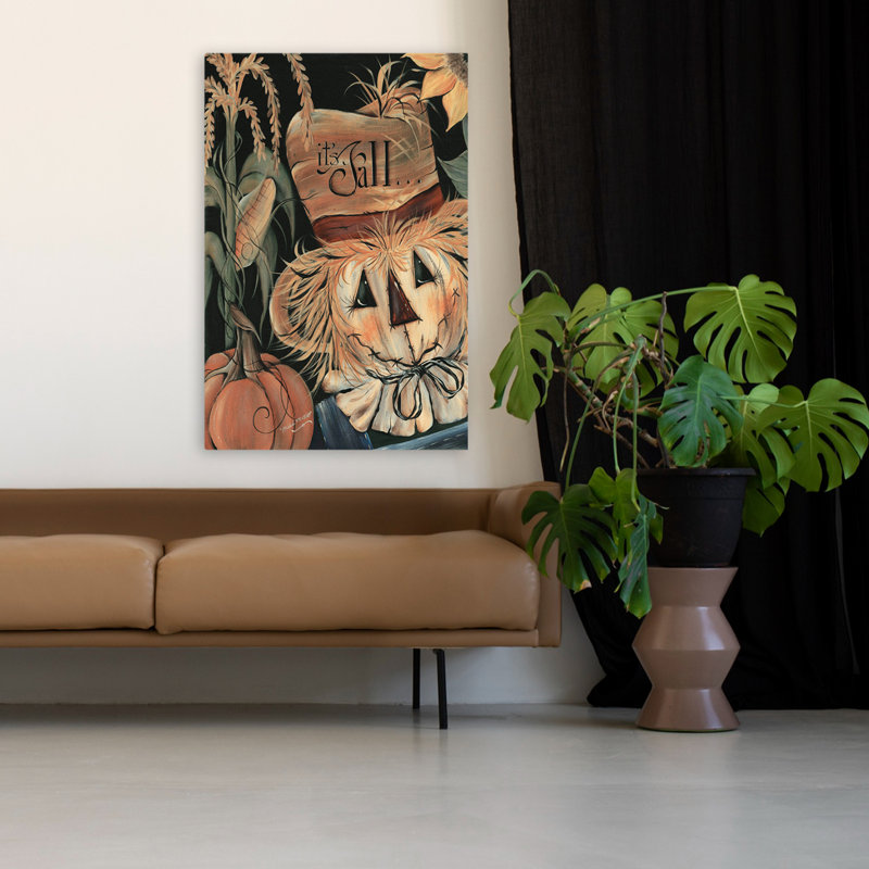 «It's Fall Scarecrow» - Art contemporain d'automne avec citrouille épouvantail, H 32 po x l 48 po