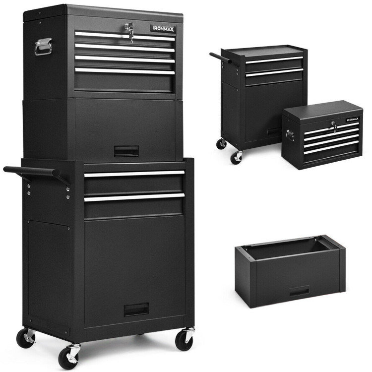 Coffre à outils roulant à 6 tiroirs avec armoire relevable et coffre supérieur verrouillable, noir, Noir