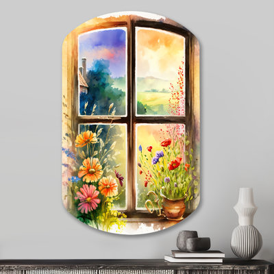 Été coucher de soleil floral fenêtre II - ferme asymétrique, art mural en métal cylindrique