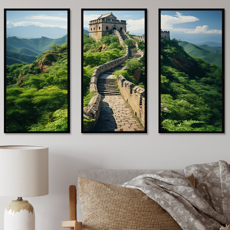 Panorama de la Grande Muraille de Chine - art mural Chine, H 28 po x l 36 po, Cadre flottant noir