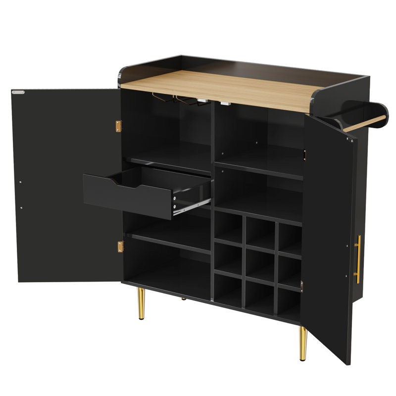 Meuble-bar à café moderne cannelé avec casier à vin à 9 compartiments, tiroir caché et tablettes ajustables, Black