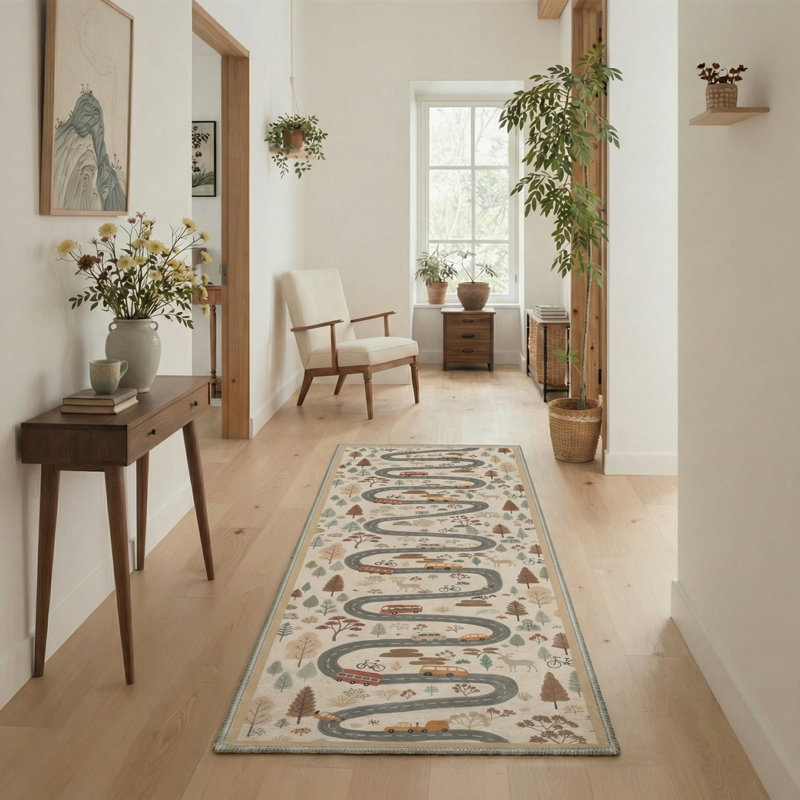 Aarna Vintage Machine Washable Grey / Beige / Brown Indoor Area Rug with Non-Slip Backing, Runner 2' x 6'