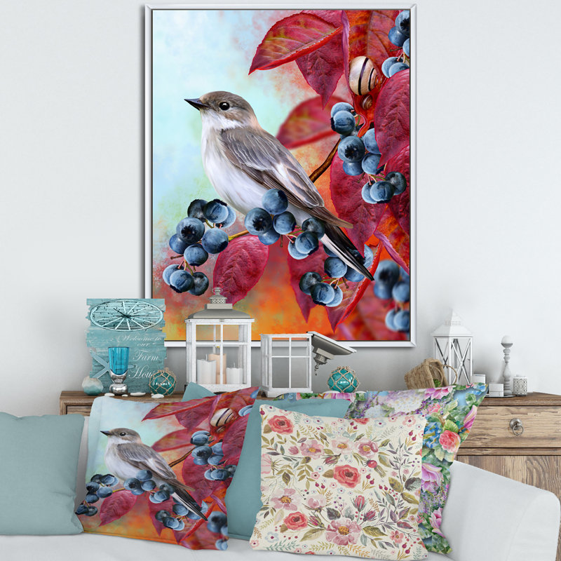 Petit oiseau gris sur un rameau d'automne rouge sur bleuet - impression sur toile, H 40 po x l 30 po x P 1 po