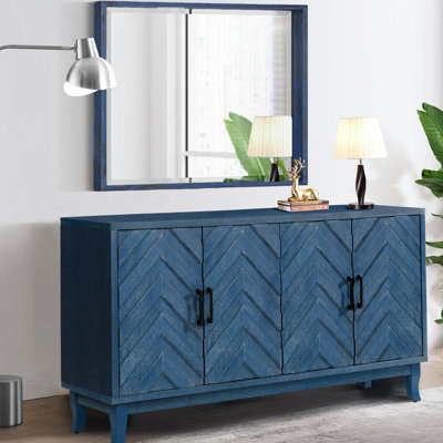 4 Door Wooden Console Cabinet With 3D Wave Stripes And Function Strong Vintage For Home Storage