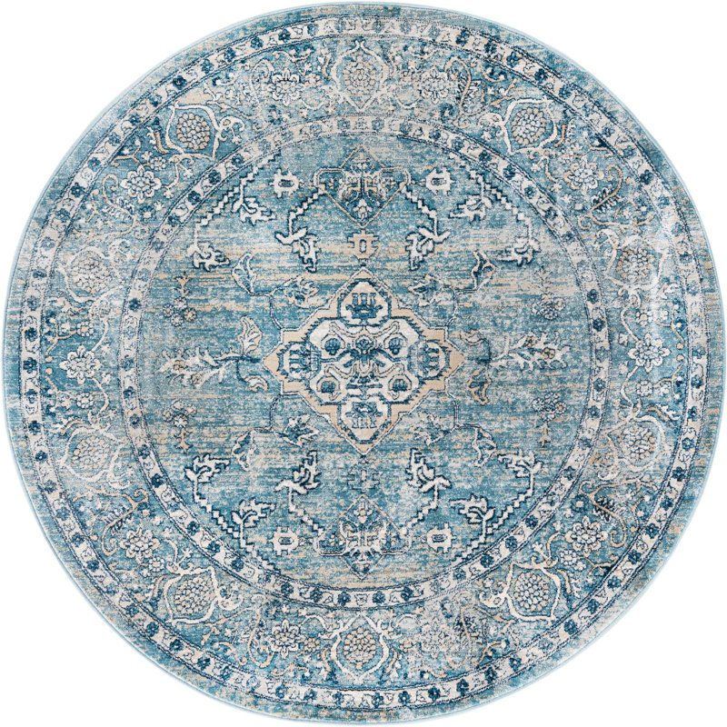 Traditional Orea Area Rug Blue-Light Brown Color, Round 5'3"