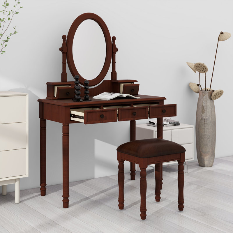 Meuble-lavabo rétro avec miroir ajustable, tabouret rembourré en velours et tiroirs aux lignes douces