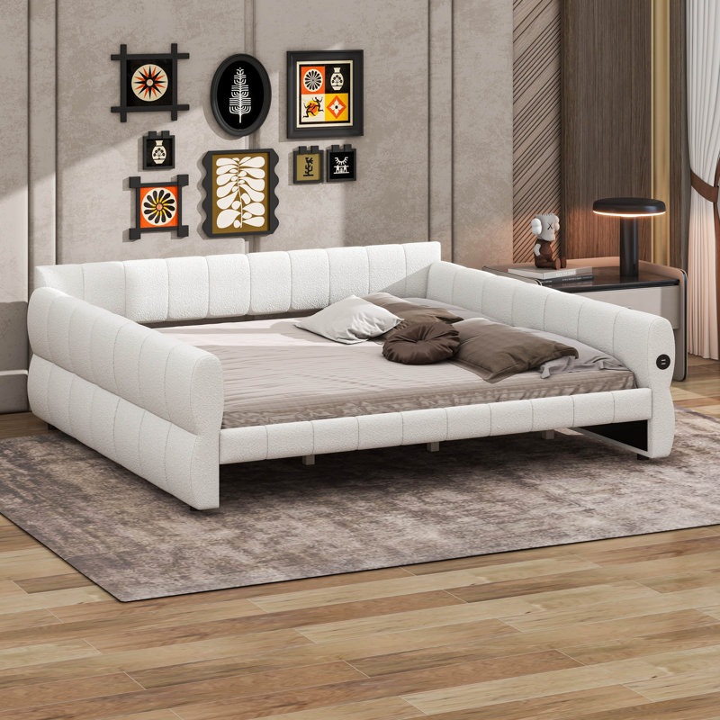 King Size Upholstered Daybed Frame With USB, Soft Lambswool Platform Bed, White