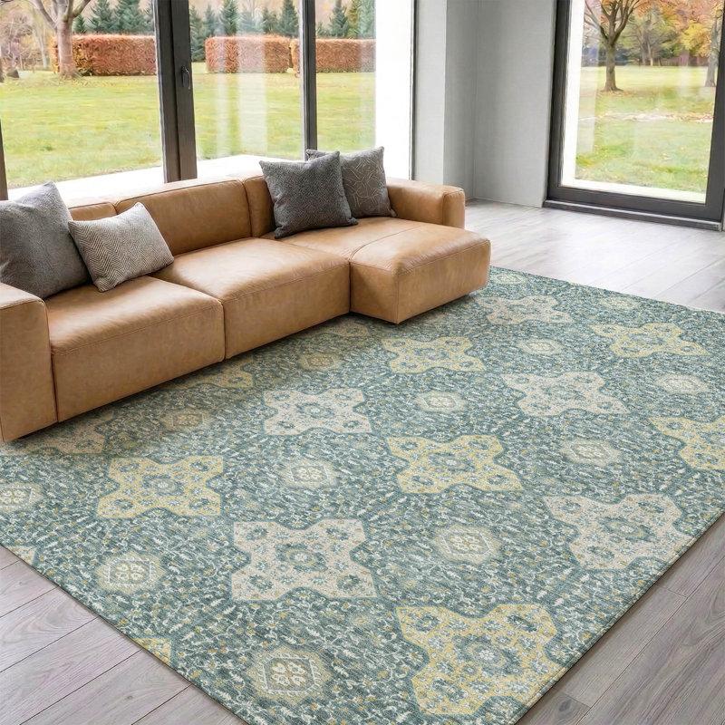 Tapis damassé Villers AMF2566 lavable à la machine de qualité supérieure, Teal, 3' x 5'
