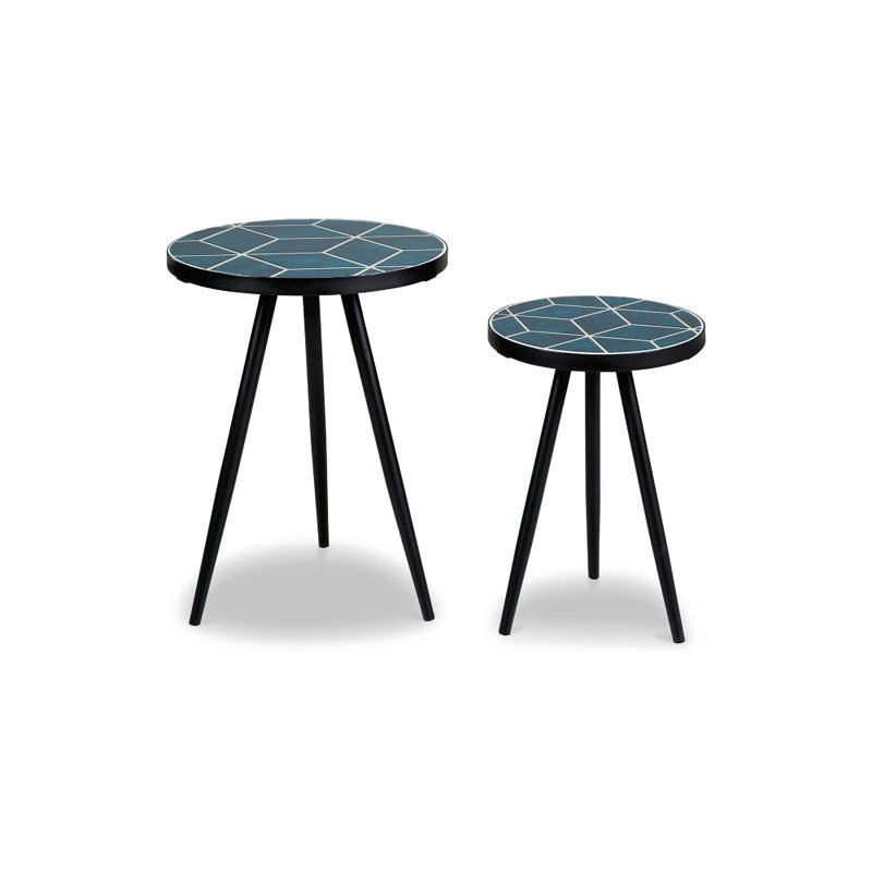 Ensemble de 2 tables d'appoint Ceri, plateau à motif géométrique bleu sarcelle, noir