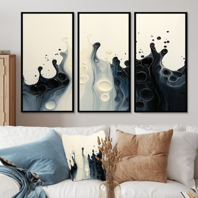 Drip Painting Wave Rhythmic Splashes Of Serenity - Drip Painting Canvas Wall Art - 3 Panels