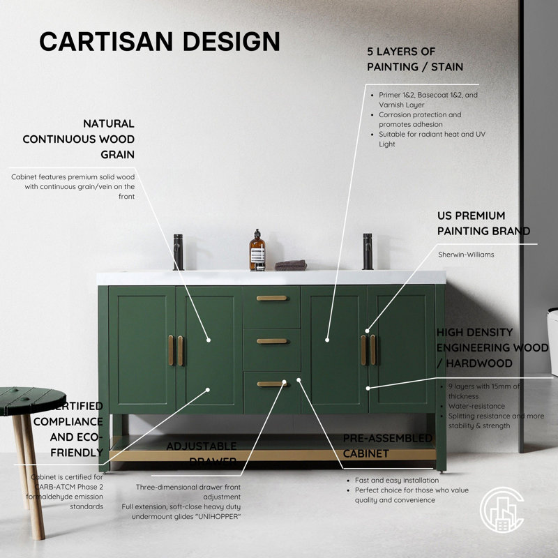 Winchester 60” W Double Vanity, White, Forest Green