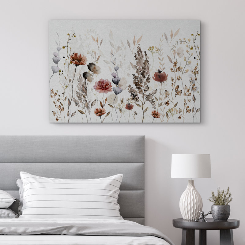 Motif de fleurs neutres brunes et relaxantes, décoration botanique florale de salon, Toile tendue, H 12 po x l 18 po