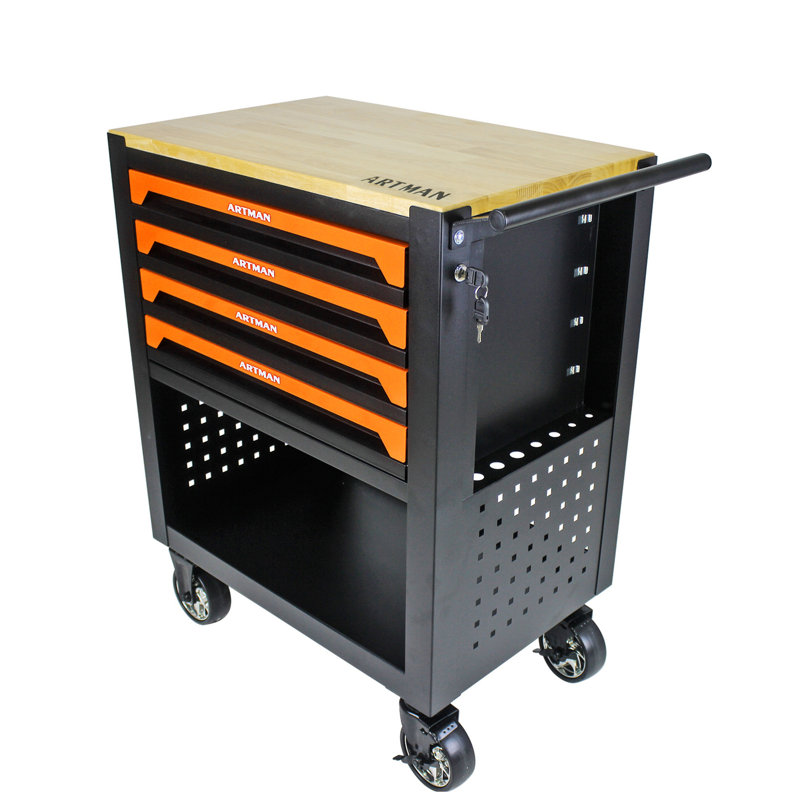 Chariot à outils multifonctionnel 4 tiroirs avec roulettes, 4 tiroirs, Orange / noir