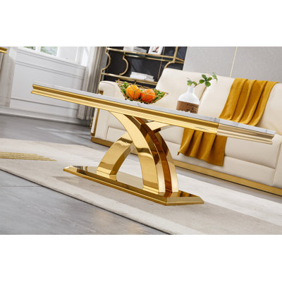 46.85" Luxury Coffee Table with White Marble Top, Modern Rectangular Faux Marble Coffee Table with Sickle-shaped Stainless Steel Pedestal, Luxury Cock
