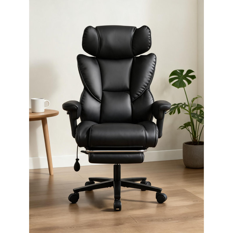 Chaise de bureau inclinable en cuir à haut dossier avec repose-pieds et support lombaire ergonomique avec hauteur réglable et appui-tête pour bureau à domicile noir