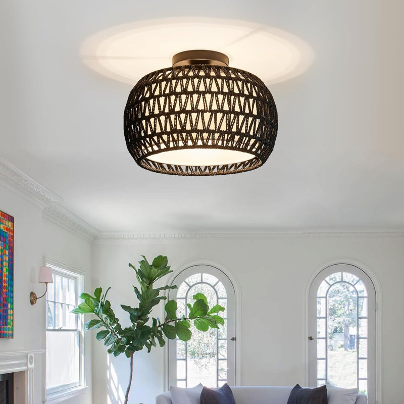 Plafonnier encastré en rotin fait à la main avec abat-jour en tissu, luminaire maison de campagne Boho pour couloir de chambre à coucher