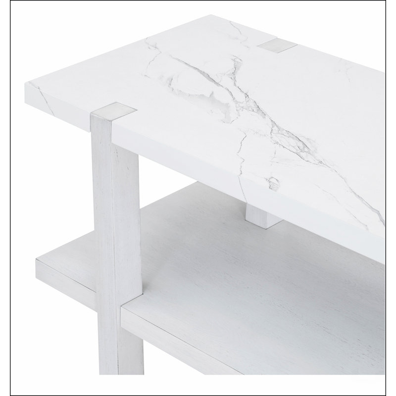 Console Retro Elegant avec plateau effet marbre, Blanc antique