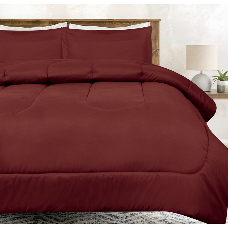 Ensemble d'édredon 3 pièces en microfibre bourgogne rouge uni Chanasya, Édredon pour grand lit + 2 taies décoratives