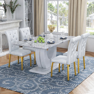 Modern 63" Faux Marble Dining Table Set With Spring-Supported PU Leather Chairs
