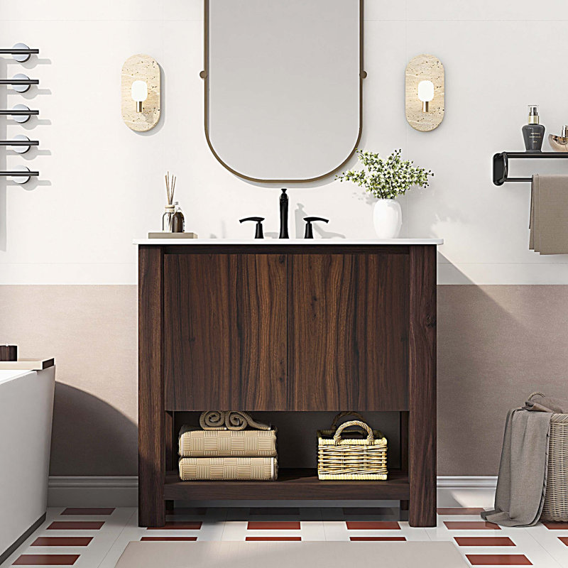Meuble-lavabo de salle de bain avec lavabo en céramique, armoire de salle de bain avec grand espace de rangement et portes à fermeture en douceur à 45 degrés, 1 tablette ouverte en bas