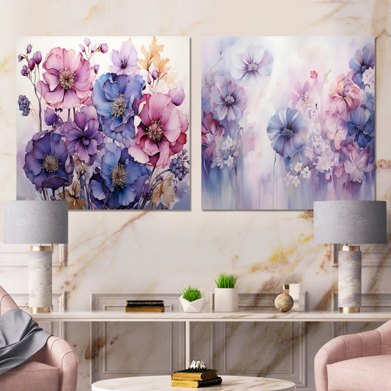 Mauve fleurs mystiques - ensemble de 2 collages carrés botaniques abstraits, Toile tendue, H 36 po x l 73 po