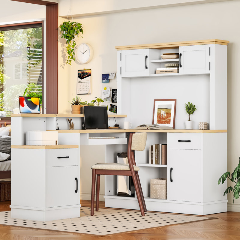 L-Shaped Computer Desk With Outlet (Not Include Stools), Natural, White