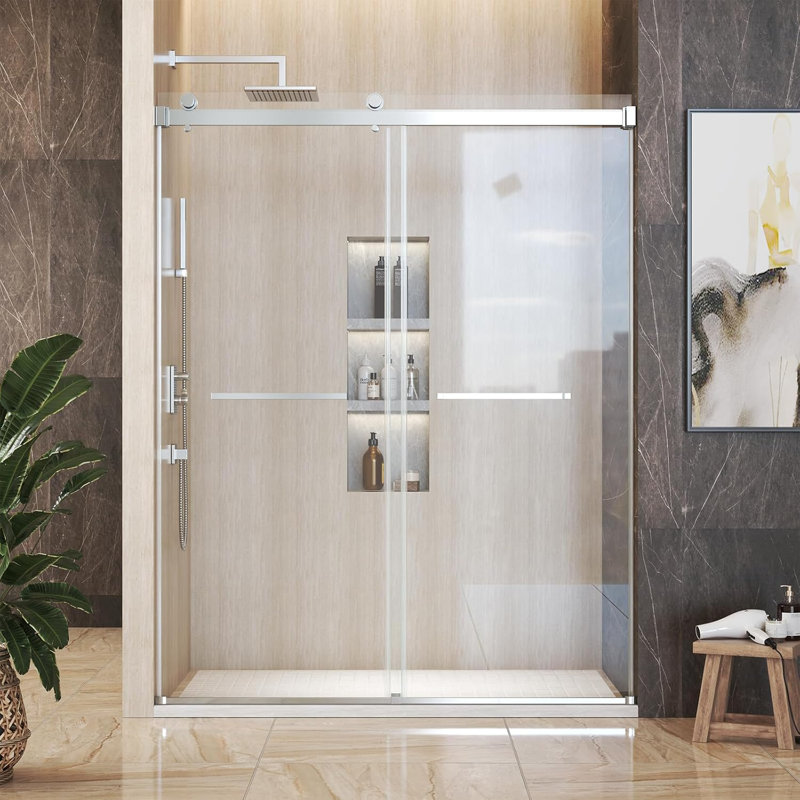 44–48" W x 76" H Modern Frameless Double Sliding Shower Door Tempered Glass and Stainless Steel Hardware, Chrome, Chrome