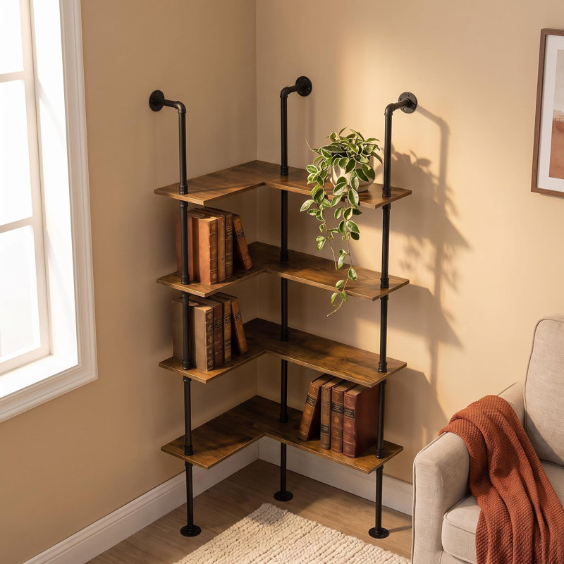 Étagère de coin industrielle en forme de tuyau, étagère murale en forme de L murale à 4 niveaux, bois rustique et étagère de coin en métal noir pour le salon, la plante, la décoration, le rangement en coin