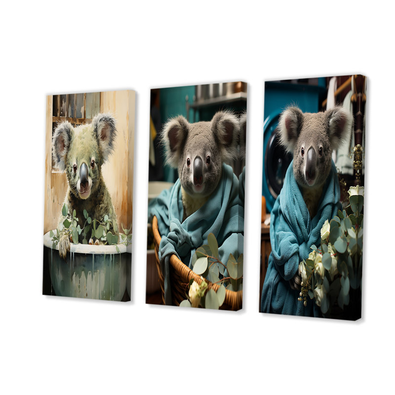 Koalas Laundry Time - Ensemble de 3 reproductions d'art sur toile, Toile tendue, H 32 po x l 48 po