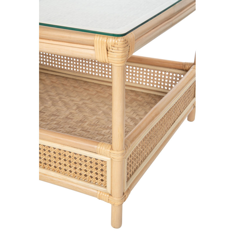 Latitude Rattan Cane 2-Tier Open Shelf Rectangular Coffee Table with Glass Top