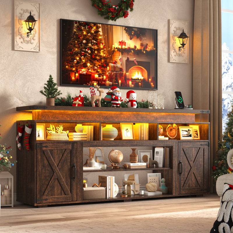 Farmhouse Tv Stand With Sliding Barn Doors & Led Lights,  32" Tall Entertainment Center With Power Outlet For 80 Inch Tv, Rustic Media Console For Living Room