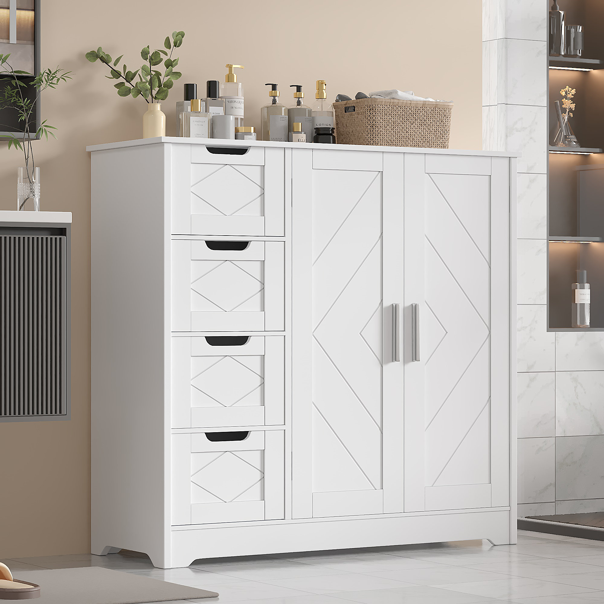 Latitude Run® Wooden Bathroom Floor Storage Cabinet, Freestanding ...