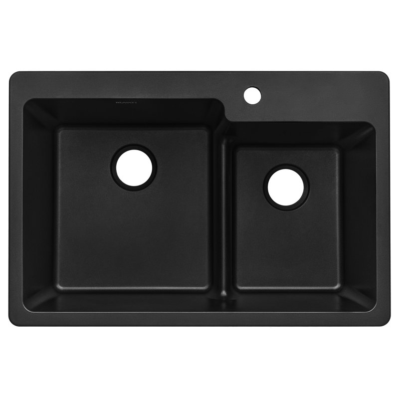 Ruvati 33 x 22 inch epiGranite Drop-in Topmount Granite Composite Quartz Double Bowl Kitchen Sink, Midnight Black