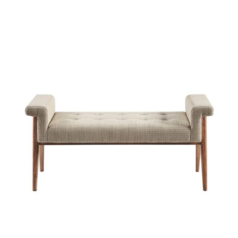 Banc d'appoint avec siège à boutons et accoudoirs à clé, revêtement brun clair, pieds en bois massif, assemblage requis, outils inclus dans l'ensemble groupé, chic requis
