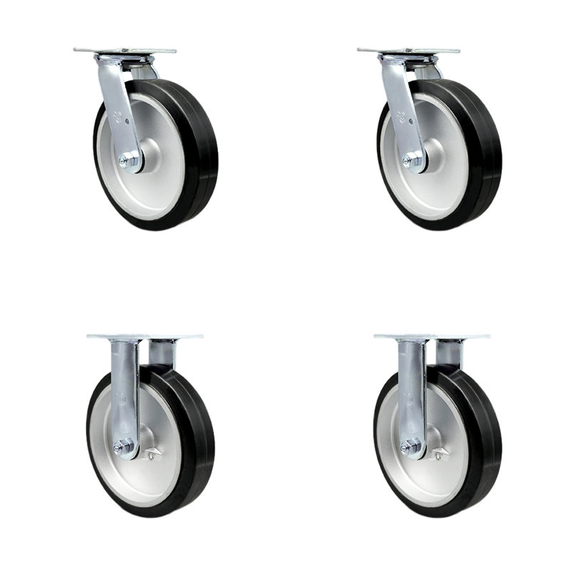 8 Inch Rubber on Aluminum Caster Set with Roller Bearings 2 Swivel 2 Rigid SCC