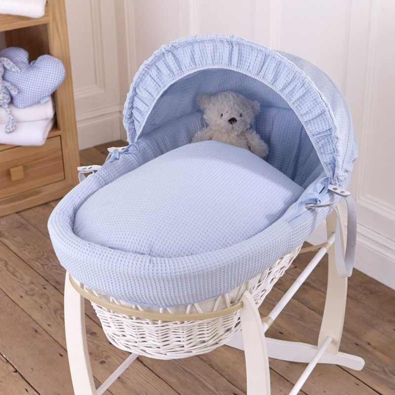 Waffle Wicker Moses Basket, Blue