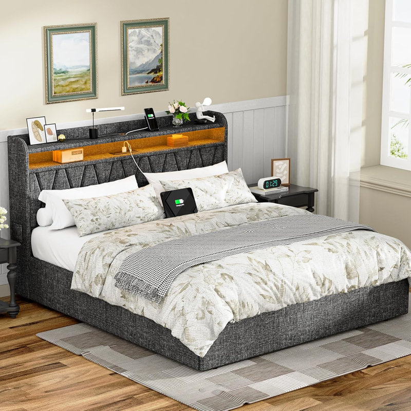 Upholstered Bed Frame With 4 Storage Drawers And Headboard, Bed Frame With LED Lights And Charging Station, King