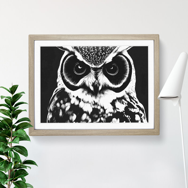 XH1022-6555X Owl Portrait Monochrome Vol.7 - Single Picture Frame Print, 25cm H x 34cm W x 2cm D, Oak