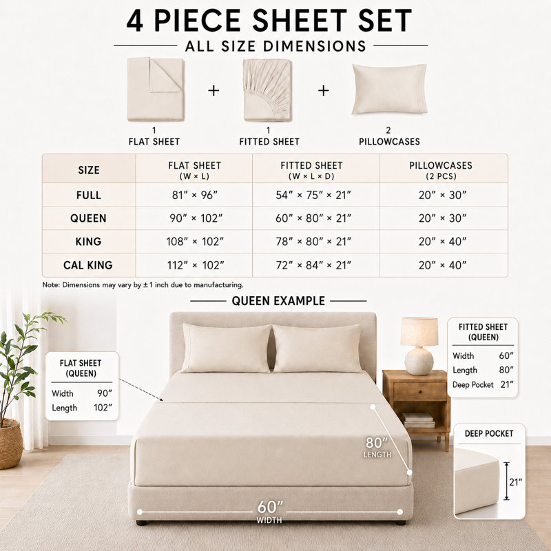 Ensemble de draps 100% coton 400 fils 400 fils, Ensemble de draps pour grand lit avec 4 pièces su, Brun