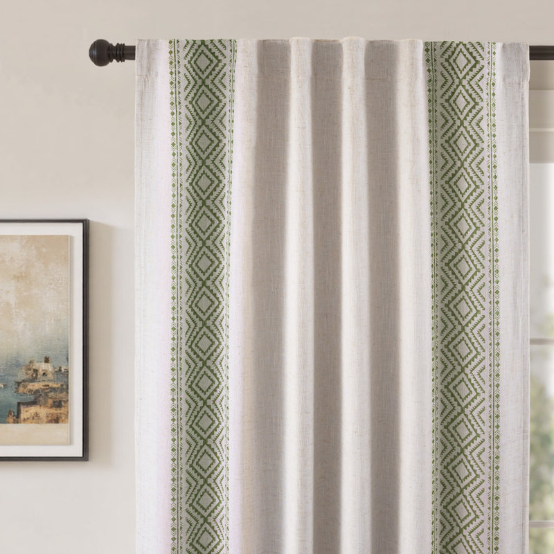 Rideaux occultant en lin Boho, L 52 po x L 84 po, Garniture géométrique vert Loden