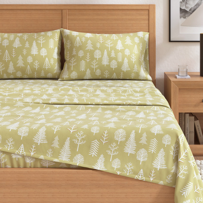 Ensemble de draps 100% flanelle d'hiver en coton turc, Forêt hivernale - Sauge / rouge, Twin with 1 Pillowcase