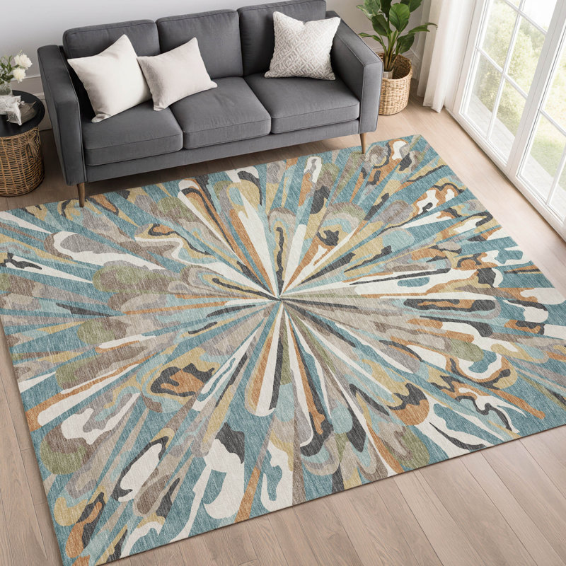 Tapis abstrait lavable à la machine intérieur / extérieur ACN2838, Sarcelle, 5 pi x 7 pi 6 po