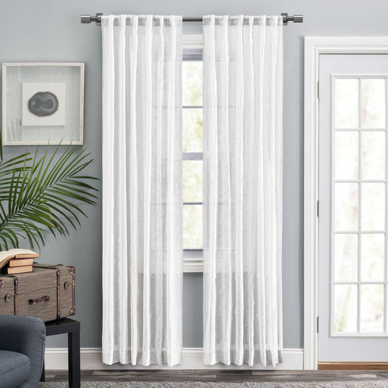 Textured Stripe Natural Curtain Panel Pair, 48" W x 108" L, White