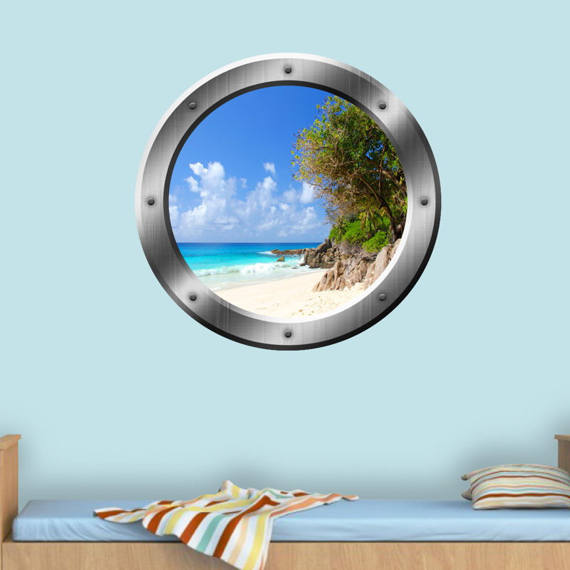 Décalcomanie murale hublot îlot beach view 3d, H 14 po x l 14 po x P 0,01 po, Argent