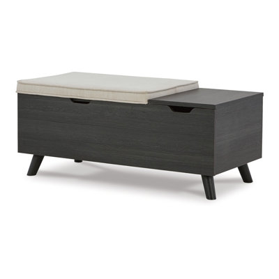 Banc de rangement Yasmin, bois gris noir, polyester beige, mousse, 39 pouces