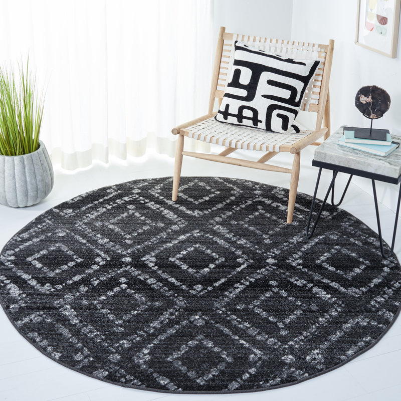 Tapis géométrique noir / ivoire Gillenwater, Rond 6 pi