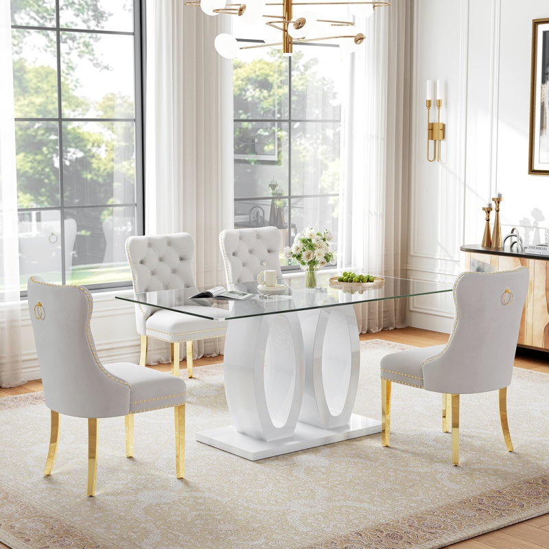 63" Rectangular Glass Dining Table Set, Clear Tempered Glass Top, Double O-Shaped Base, Velvet Upholstered Chairs with Stainless Steel Frames