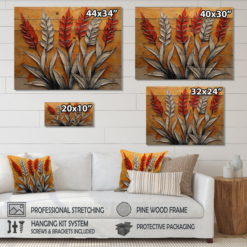 White Orange Sunset Thistle Song Harmony I - Thistle Wood Wall Art - On Natural Pine Wood, 24" H x 32" W x 0.78" D