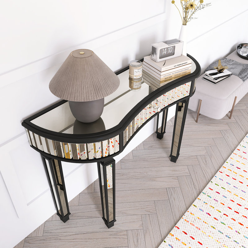 Half-Moon Mirrored Console Table With Fluted Glass & Crystal Knob Drawer, Black