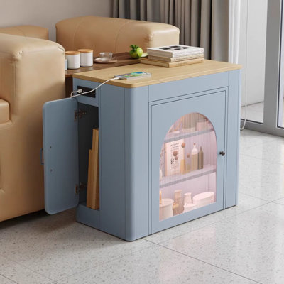 Table de salle à manger extensible avec 3 rallonges amovibles TREXM, îlot roulant mobile avec lumière DEL et prise de courant, armoire de rangement peu encombrante pour la salle à manger / salon (gris bleu et naturel)